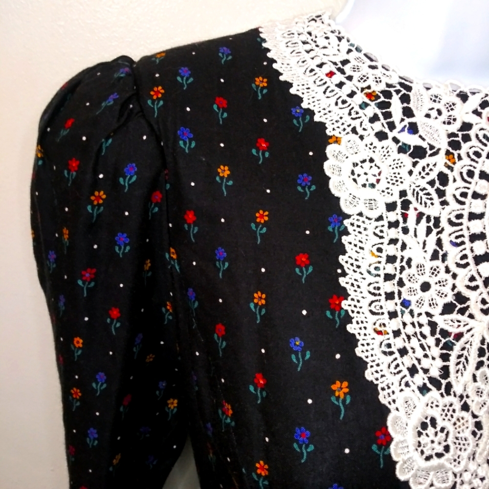 Gunne Sax Rare Vintage Cottageore Style Lace Collared Black Floral Midi Dress - Picture 5 of 14